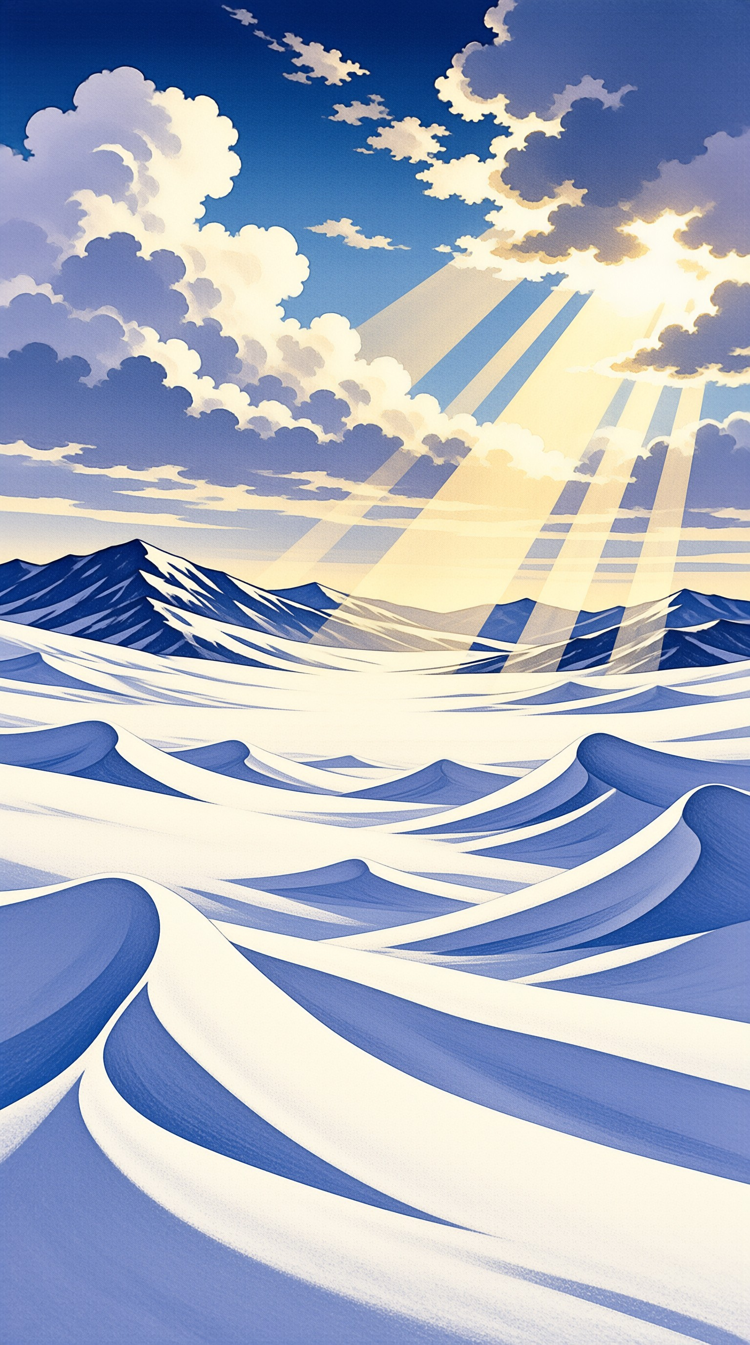 Stylized snow drifts roll across a wide plain as sunlight breaks through clouds above distant blue peaks.