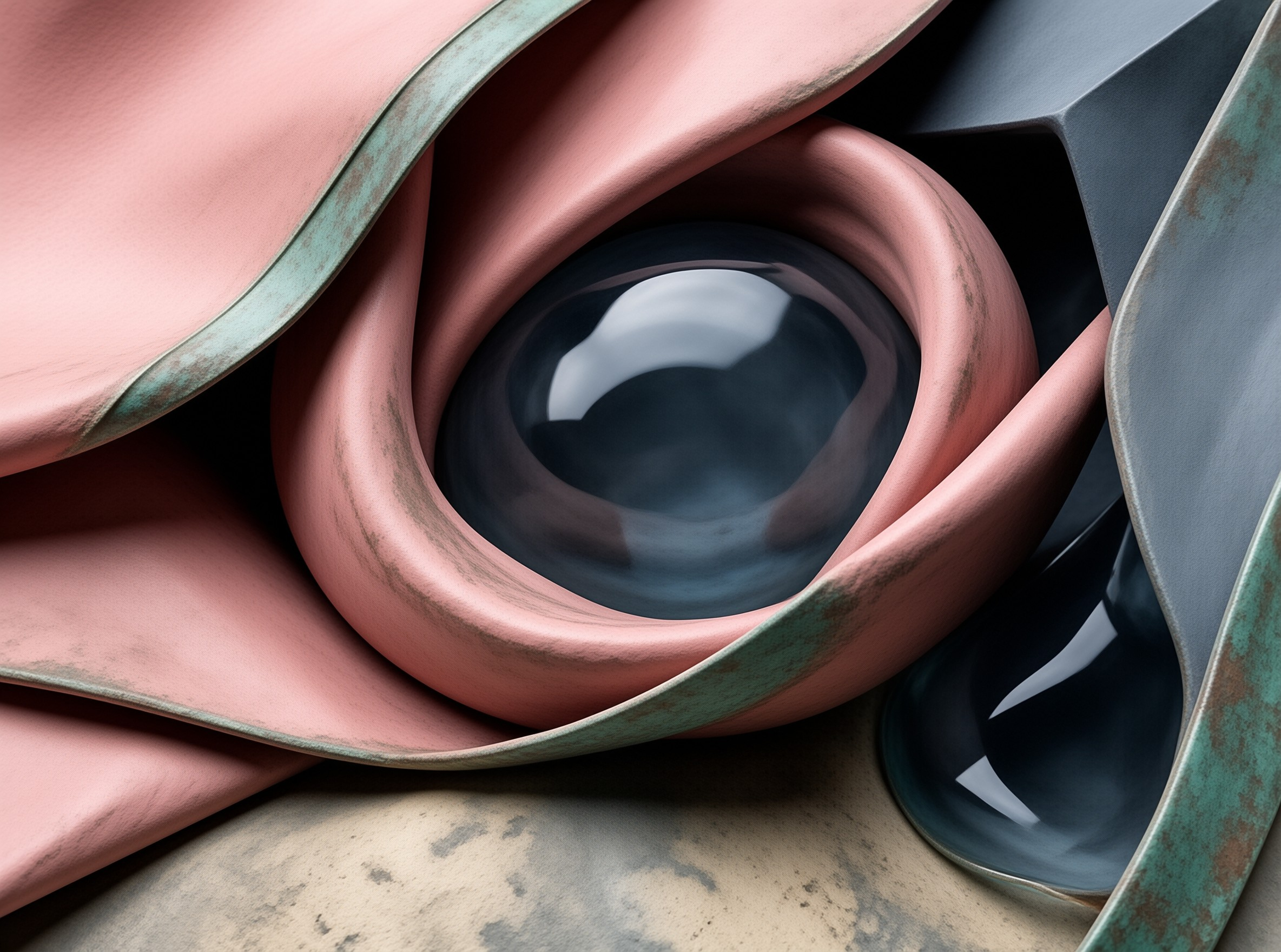 Layered copper-colored shapes with verdigris rims encircle a glossy dark hole.