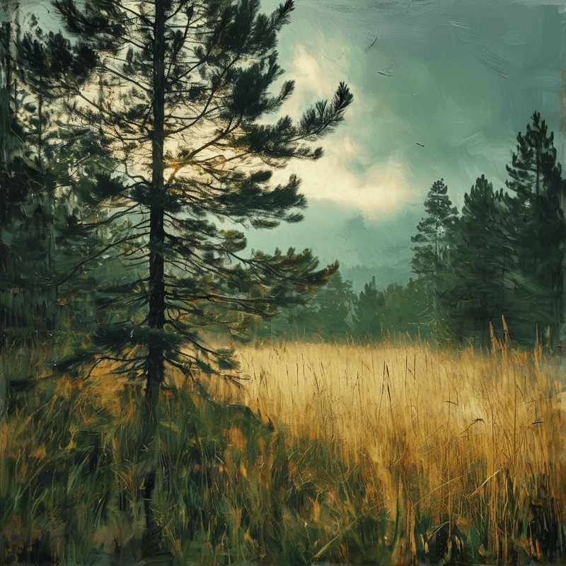 A slender evergreen rises over sunlit tall grass in a soft impressionistic landscape of forest and sky.