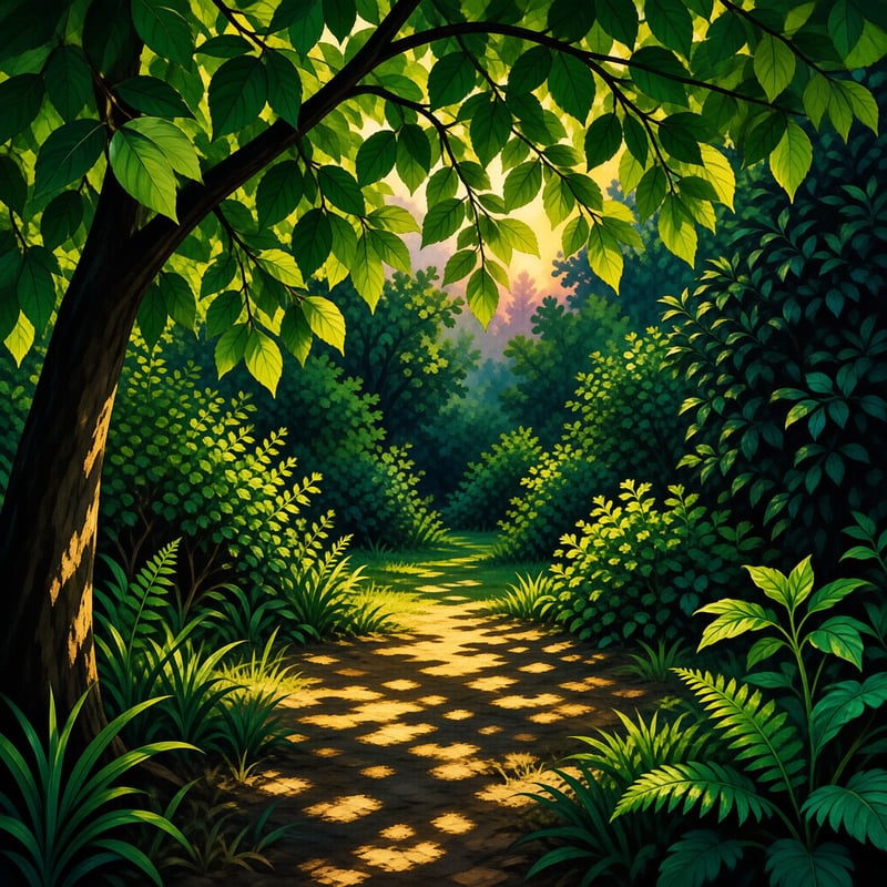 A sunlit woodland trail winds through dense green foliage, its ground patterned with warm dappled light.