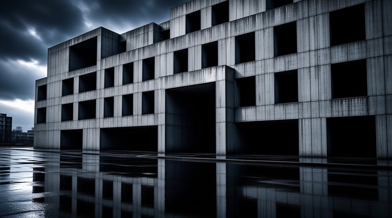 A massive grey concrete structure stands against a gloomy sky while its facade is mirrored in the wet pavement below.