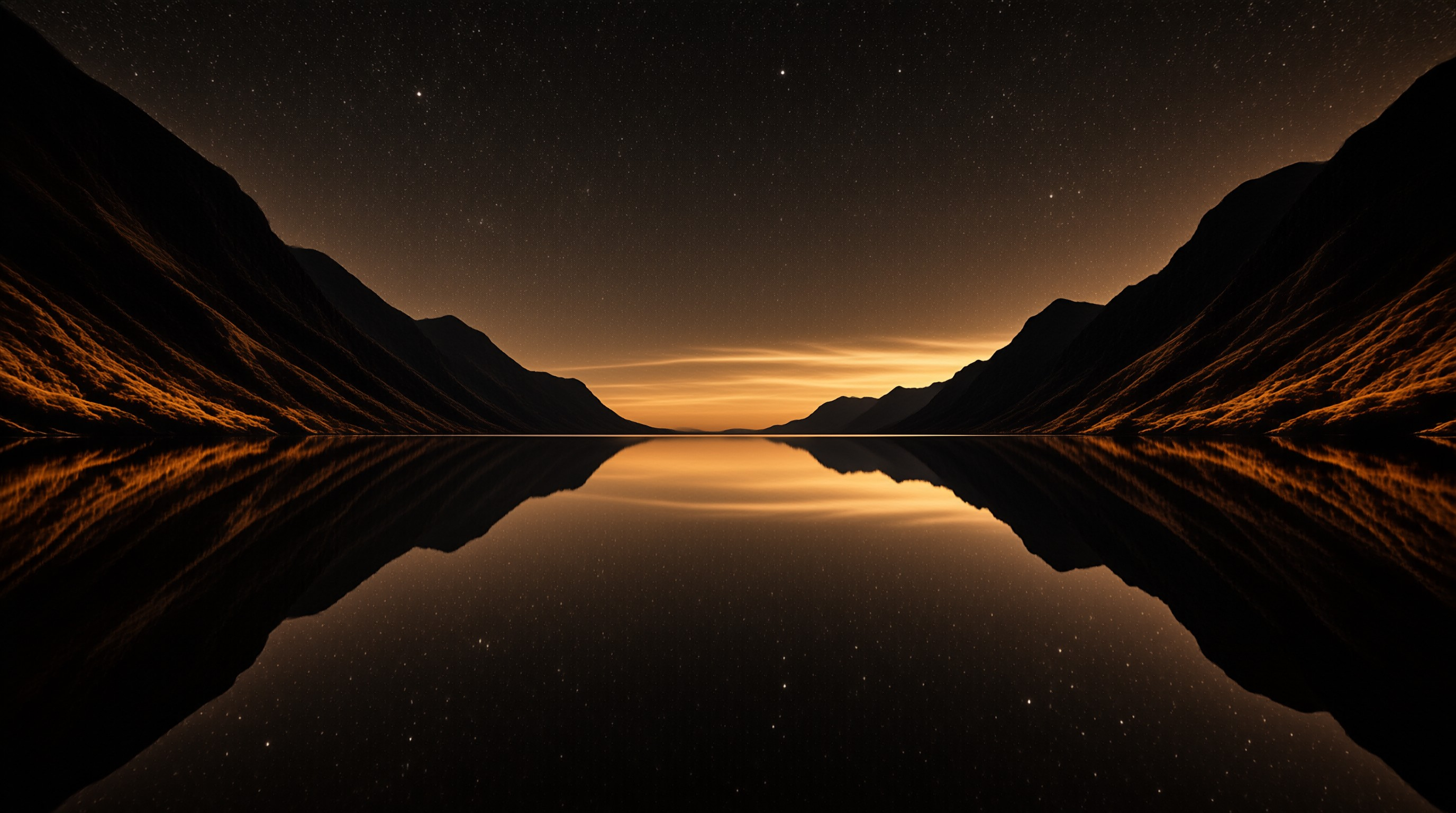 A perfectly still lake reflects dark mountain silhouettes and a glowing orange horizon under a deep starry night sky.