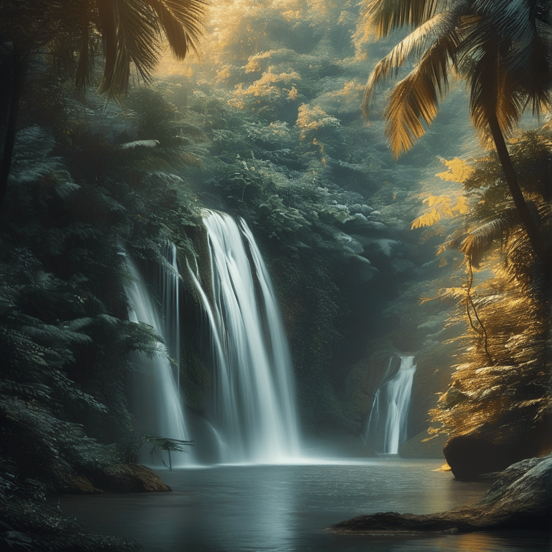 Sunlit Jungle Waterfall