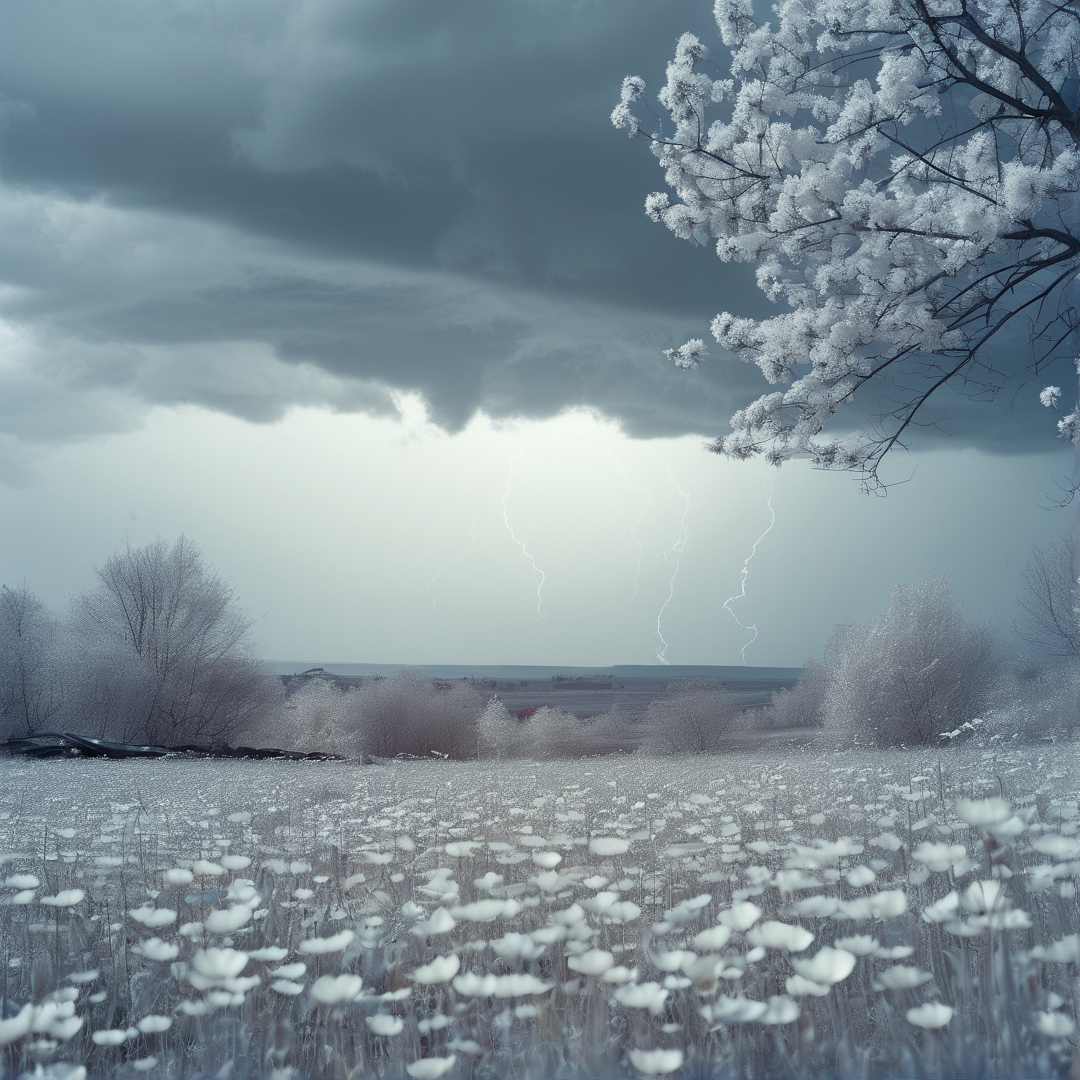 Ice-covered blooms fill a snowy field while multiple lightning strikes pierce a dark cloudy sky in the distance.
