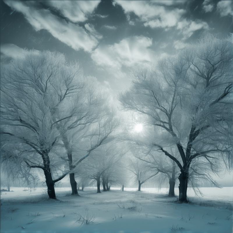 Frost covered trees line a snowy field under a cloudy sky with a bright sun shining through the haze in the distance.