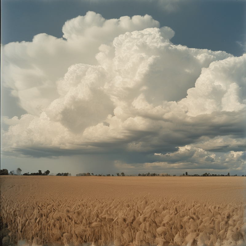 Large white cumulus cloud dominates blue sky above ripe wheat field
