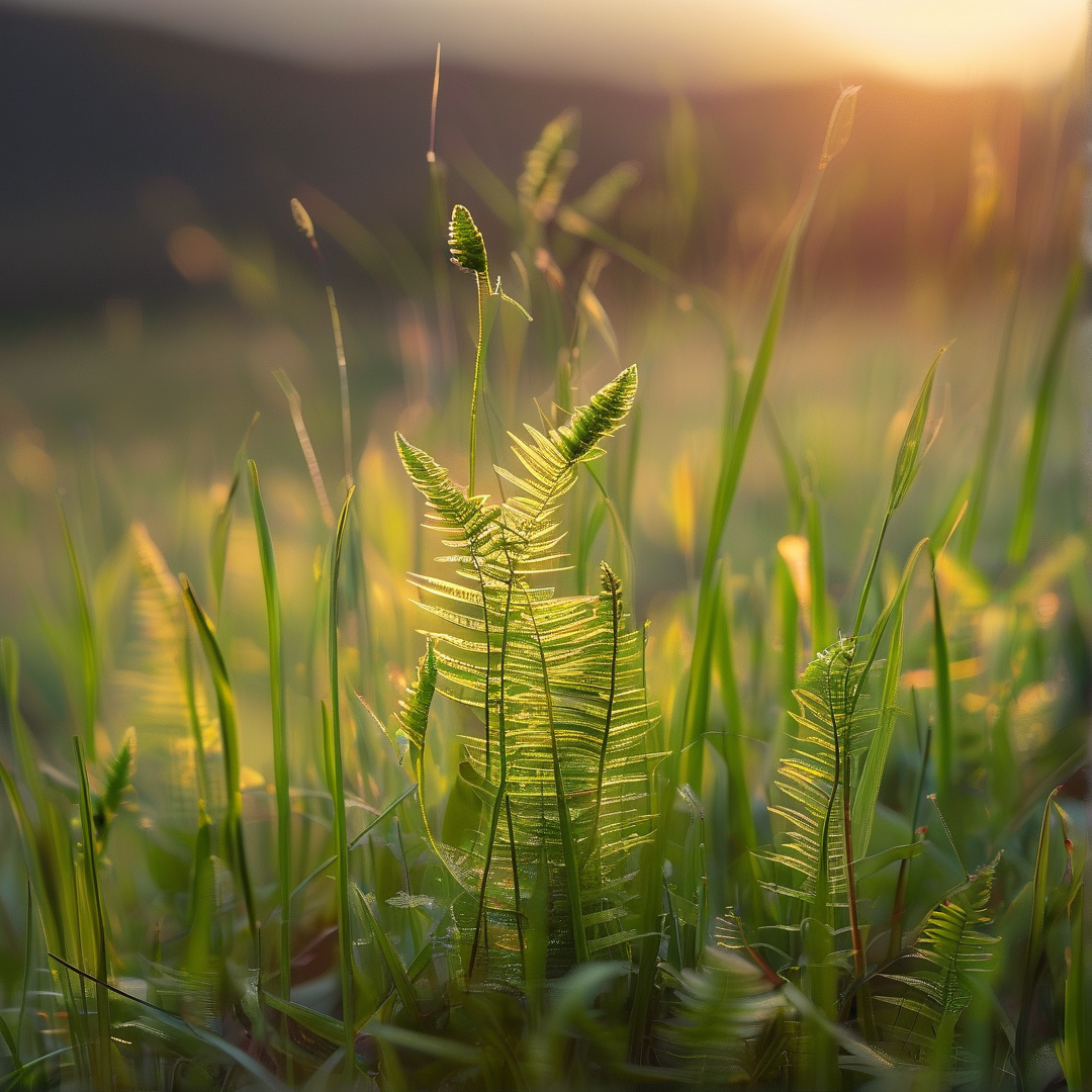 A delicate green fern frond stands out against blurred grasses during a warm low sun