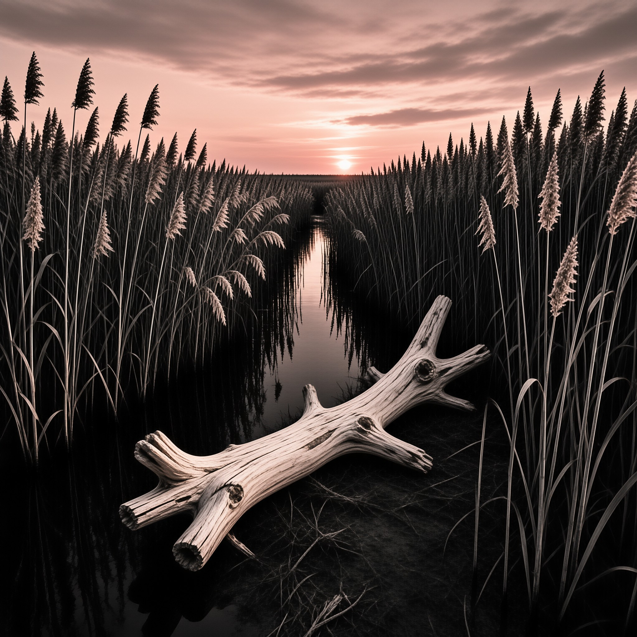 Weathered driftwood rests on a marsh channel while tall reeds frame a glowing pink sunset horizon.