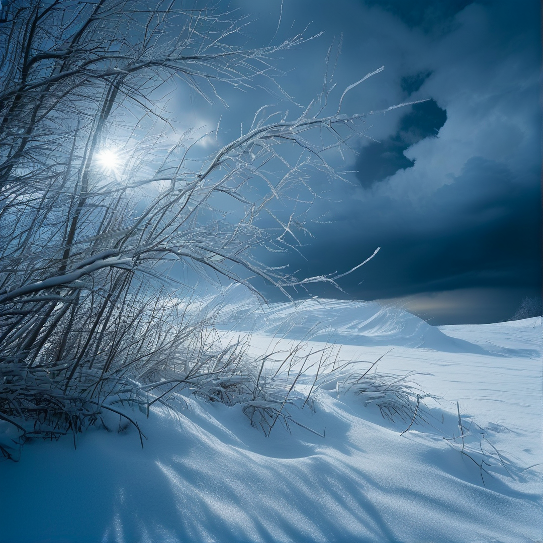 Frosted tree branches silhouette against a bright sun shining through clouds above a vast snowy landscape.