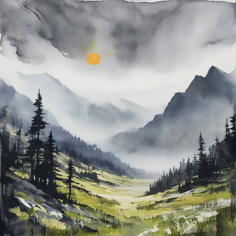 Watercolor mountain valley landscape with dark pines on grassy slopes, grey clouds and a small yellow sun visible.