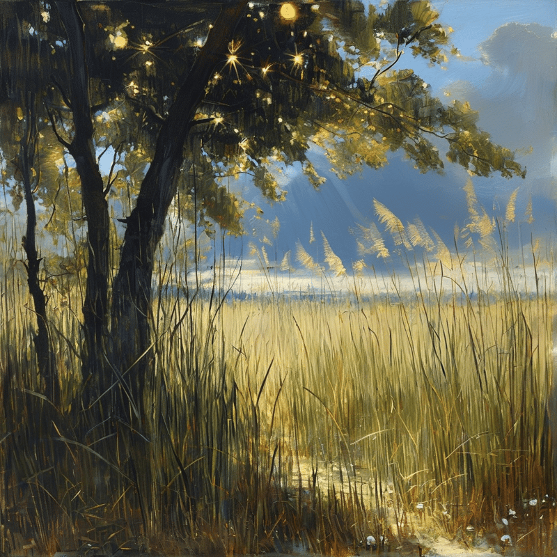 Oak tree arches over sunlit tall grass under a blue sky, golden light filtering through leaves casts glints across the meadow.
