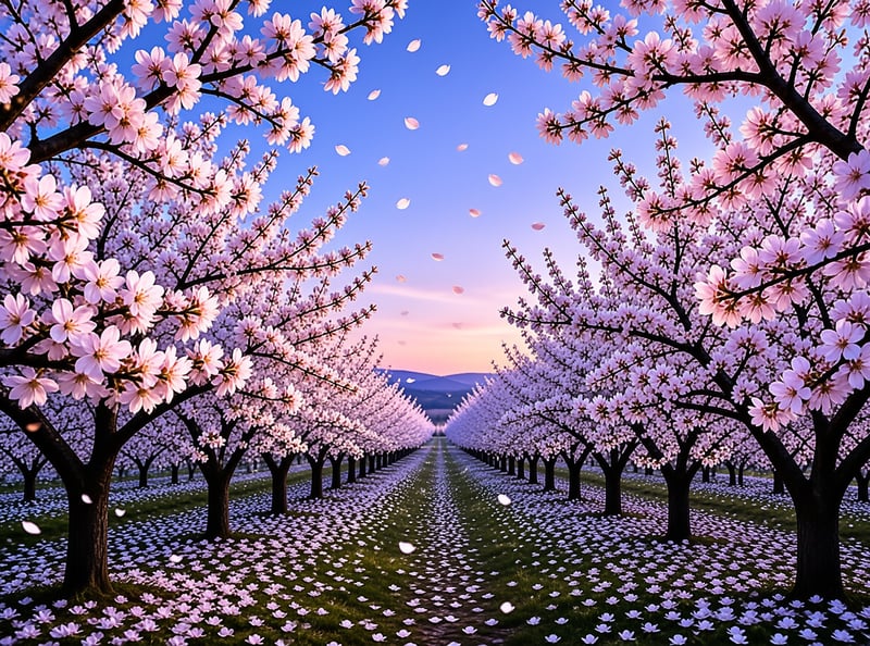 Cherry Blossom Path at Sunset