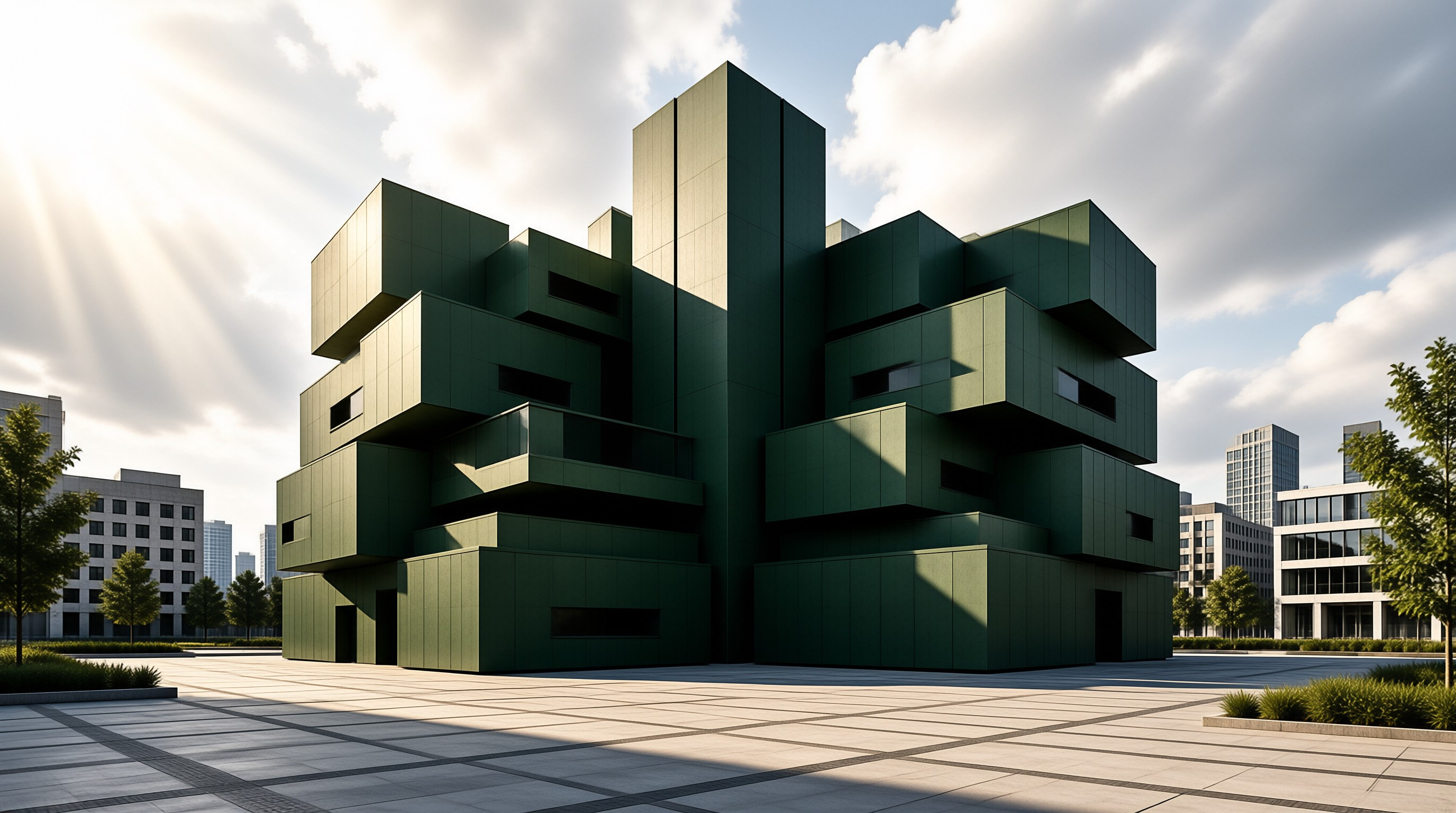 A massive cube-shaped structure features olive panels while bright rays illuminate the open square.