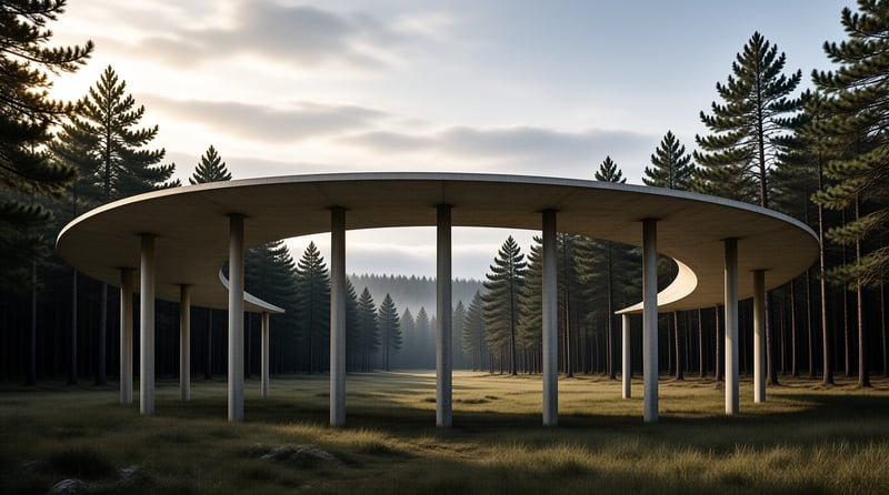 A large circular wooden roof supported by tall pillars stands in a grassy clearing surrounded by misty pine trees.
