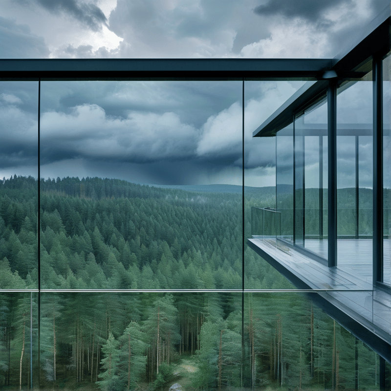 Floor-to-ceiling glass walls and a cantilevered deck hover above a dense spruce forest under heavy grey storm clouds.