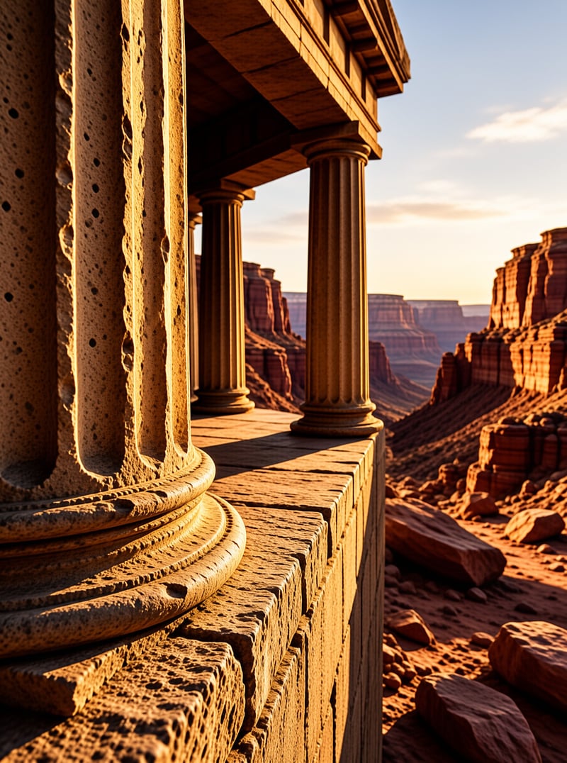 Weathered stone pillars stand against a backdrop of layered red cliffs illuminated by warm evening light.