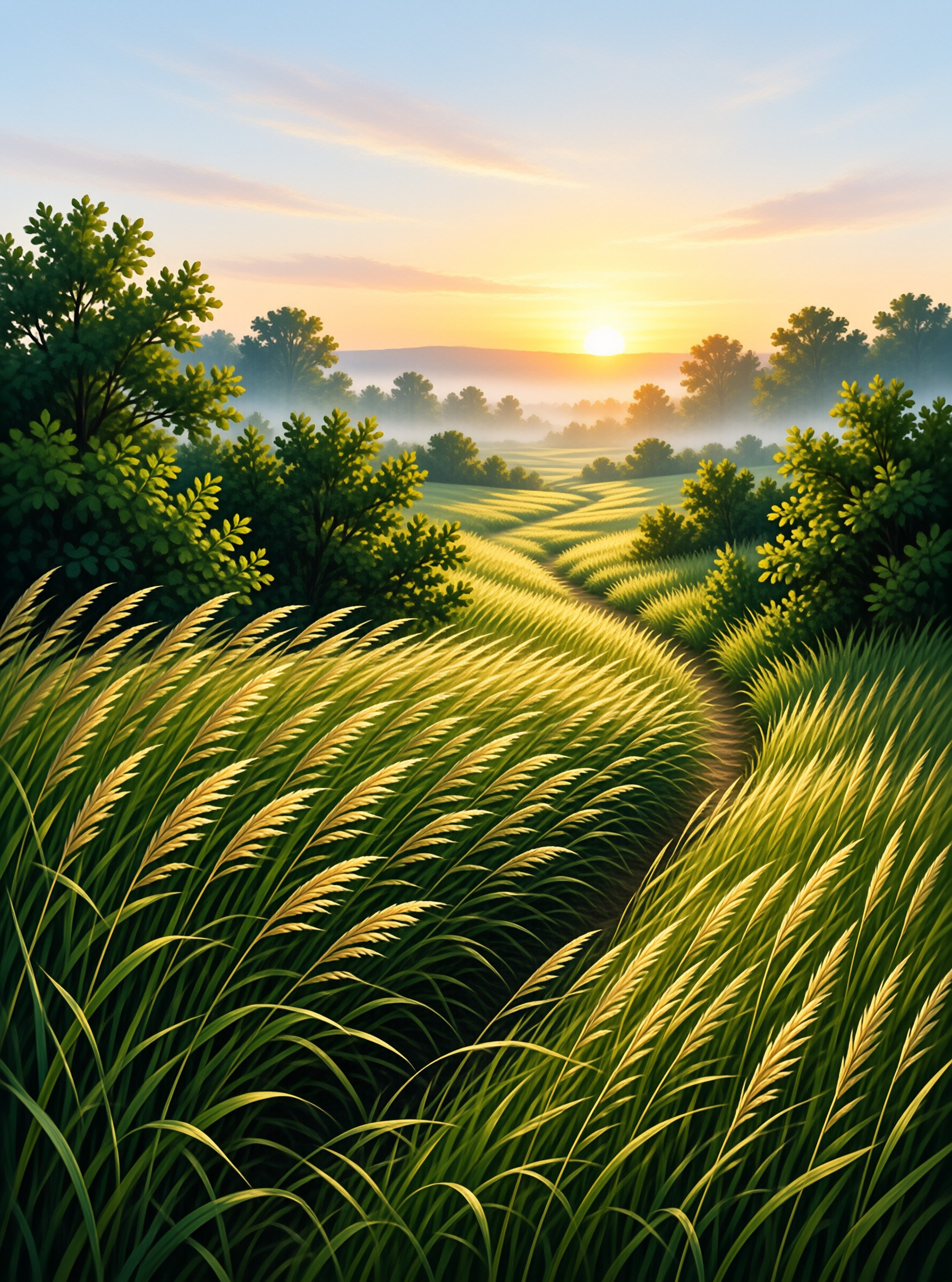 A winding dirt trail cuts through bright green grain fields bordered by leafy trees under a hazy golden sunrise.