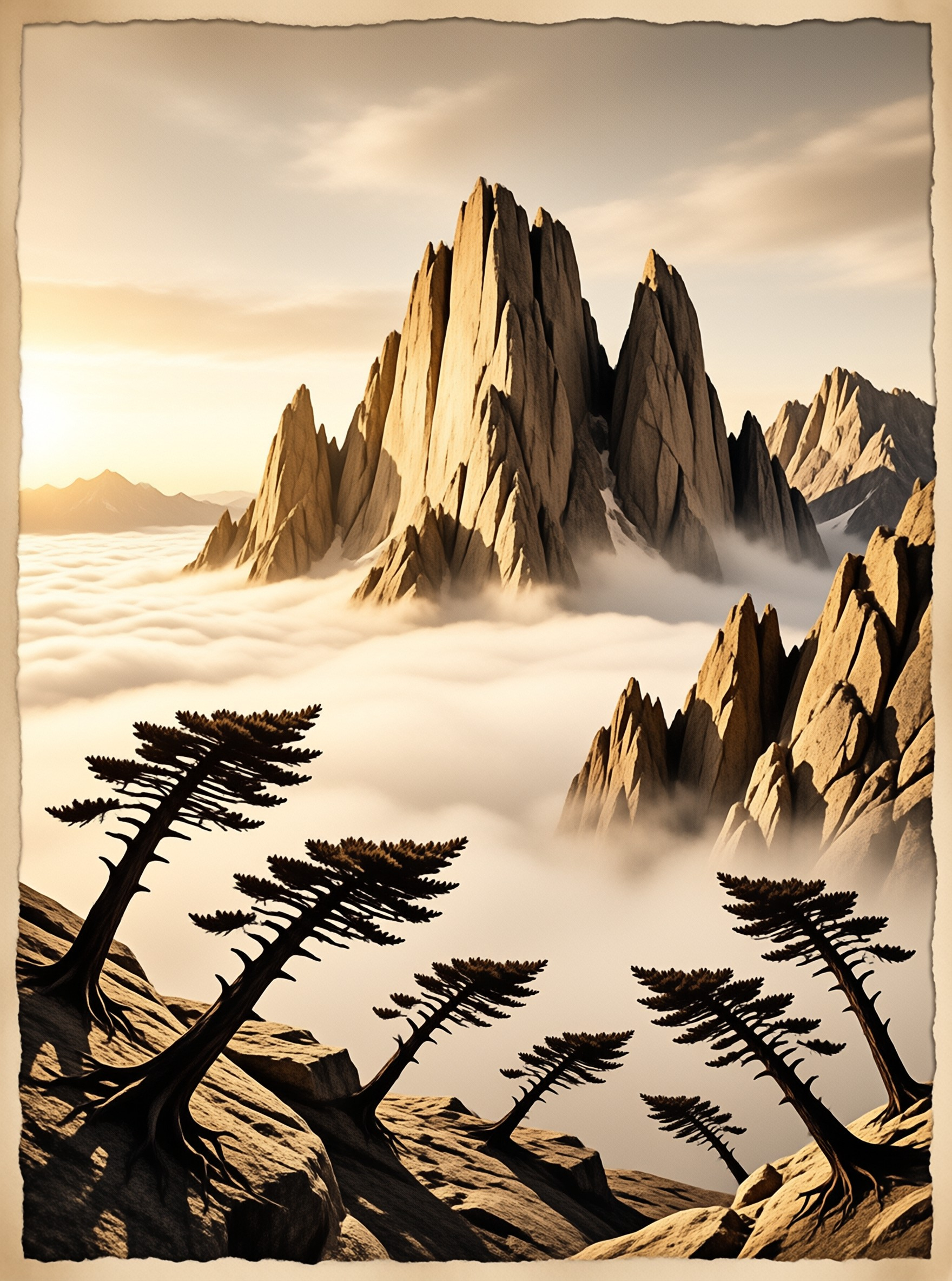 Rocky spires emerge from thick clouds while silhouetted pine trees stand on a ledge under warm sunlight.