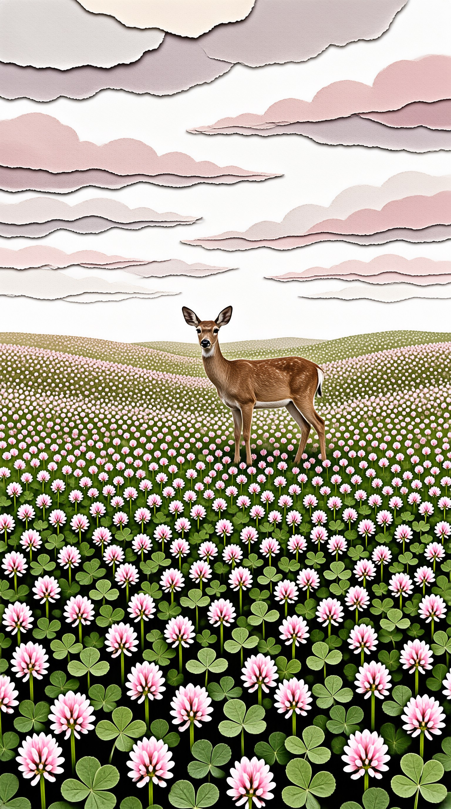 A young deer stands alert in a vast field of pink clover flowers beneath a sky of pastel layered clouds.