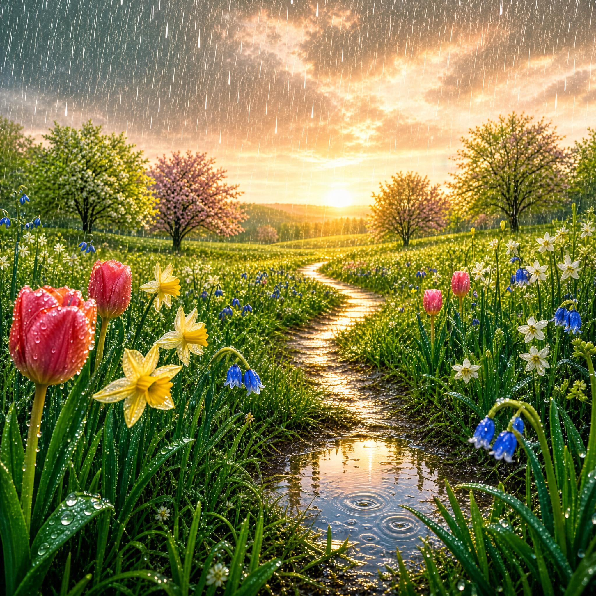 Rainy Meadow at Sunset