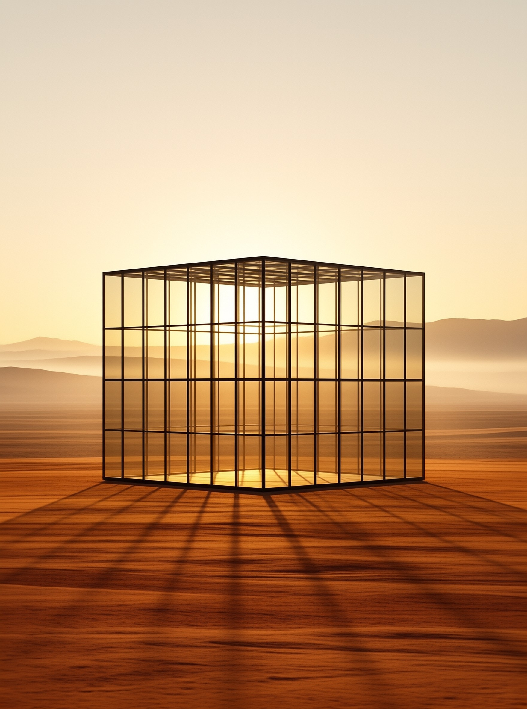 Glass Cube in Desert Sunset