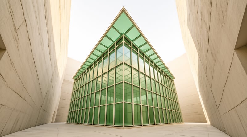 A triangular green glass structure stands between curved light stone walls under bright sky light.