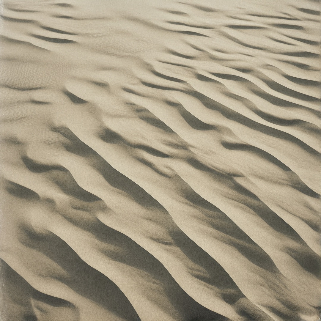 A close-up view of desert sand displaying a rhythmic pattern of ripples where sunlight creates dark shadows in the troughs.