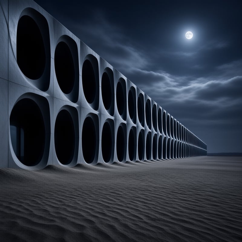 A long concrete wall featuring circular openings stands in a sandy desert under a cloudy night sky with a full moon.