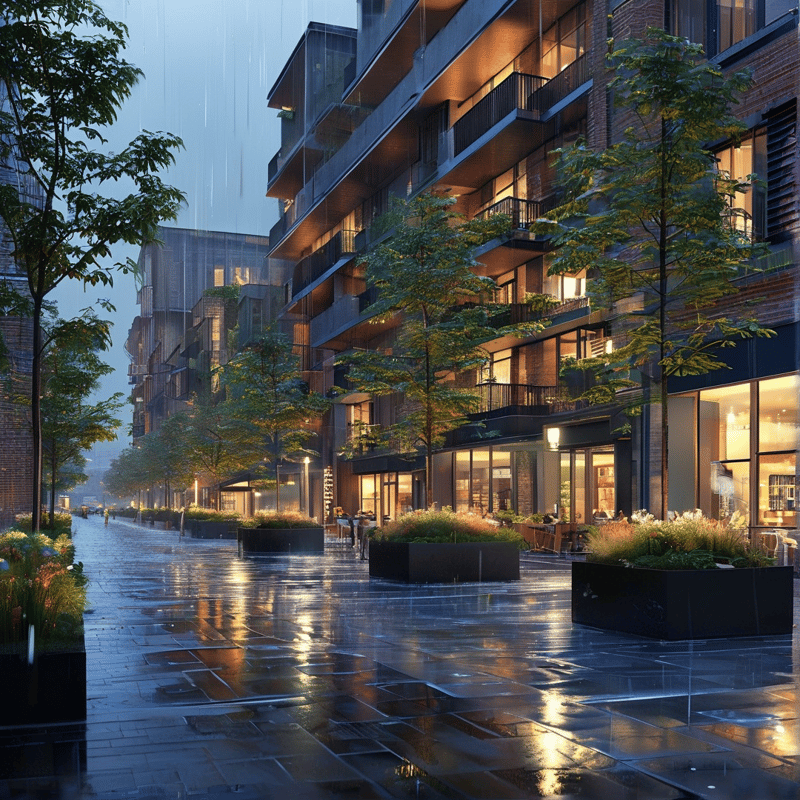 Rainy Modern Street Scene