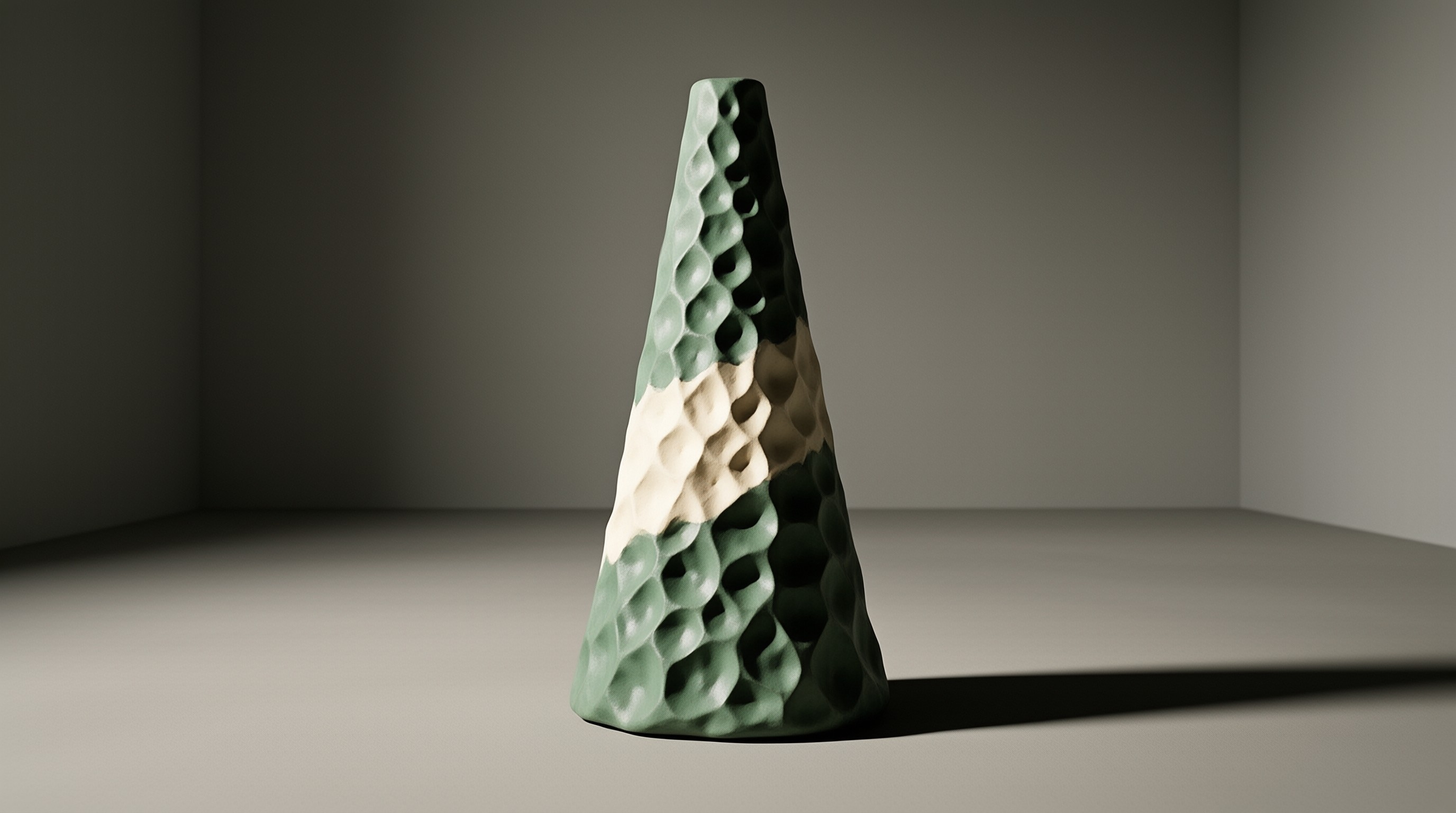A dimpled conical object in green and white tones stands on a smooth grey floor casting a sharp shadow to the right.