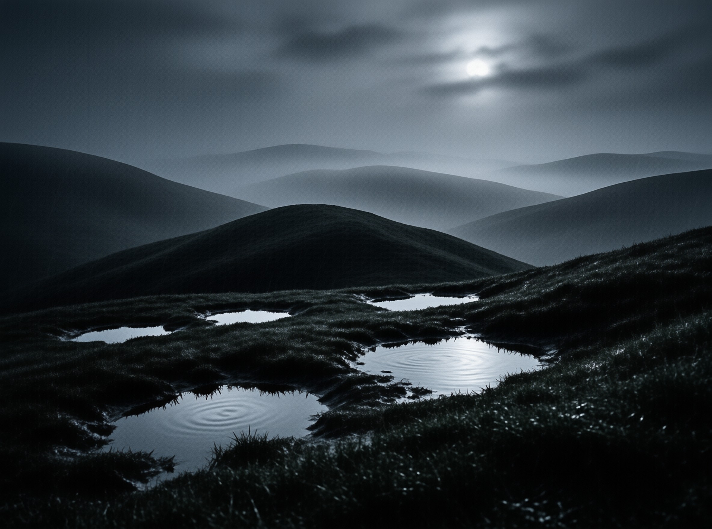 Dark rolling hills fade into fog while foreground puddles reflect the bright moon shining through cloudy skies.
