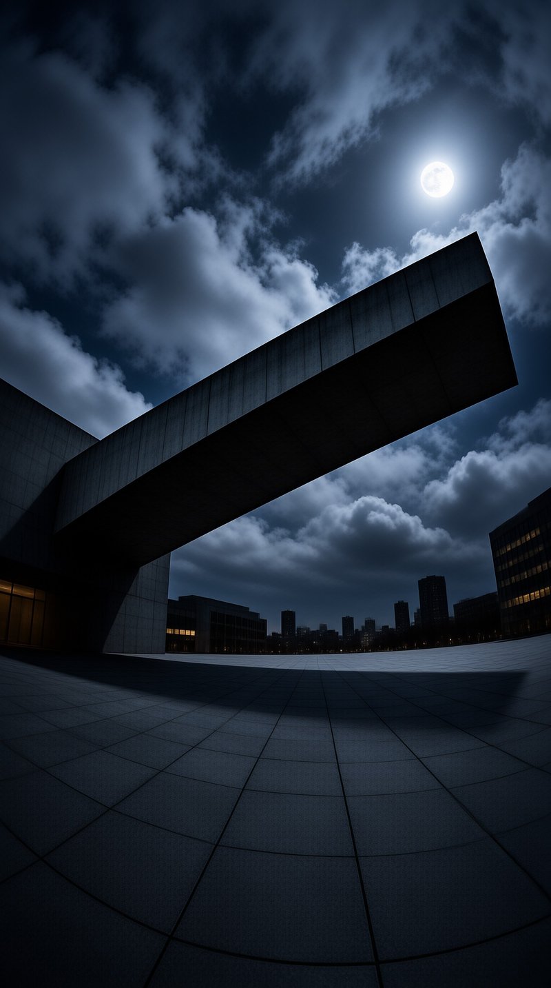 A dark angular beam extends above an empty tiled square beneath a full moon and drifting night clouds.