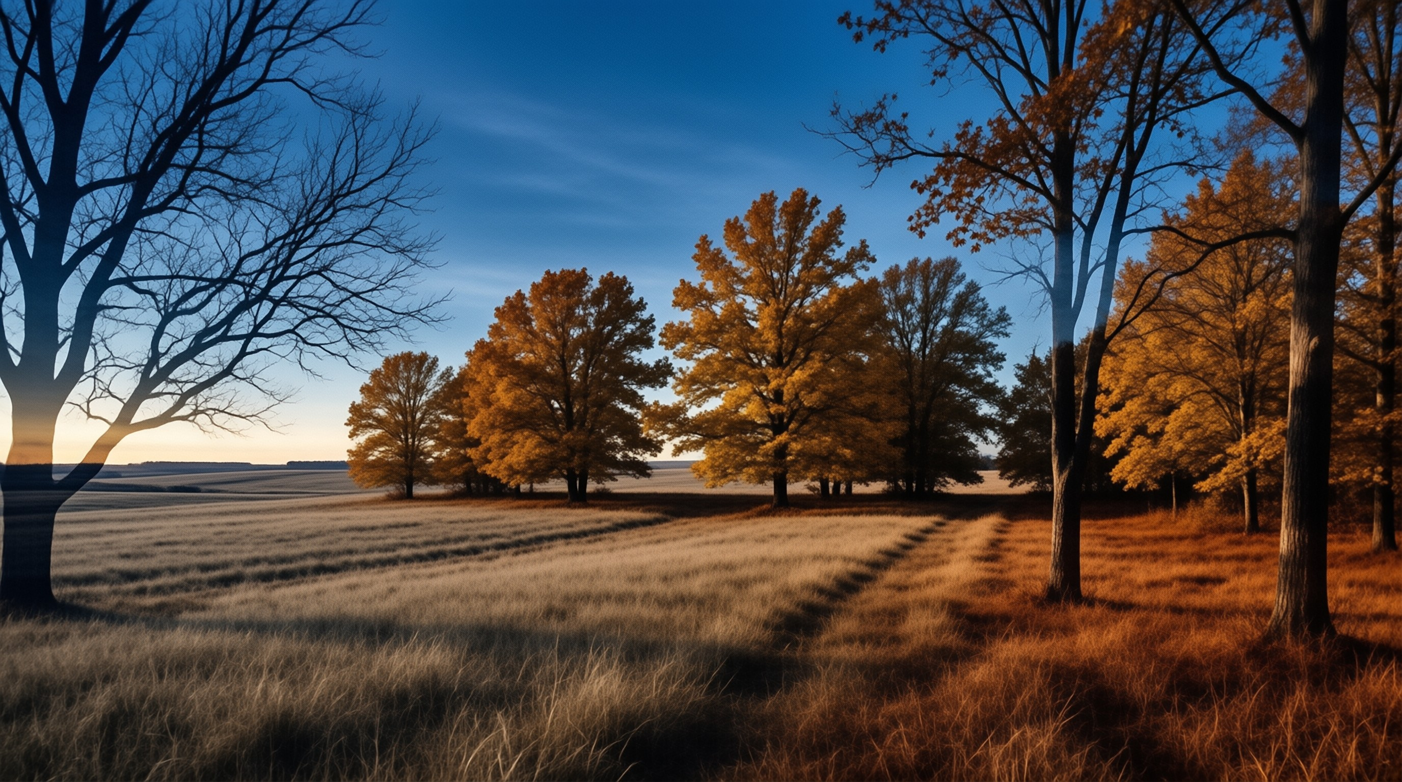 Deciduous trees with yellow foliage stand in a grassy meadow under a deep blue sky during early morning light.
