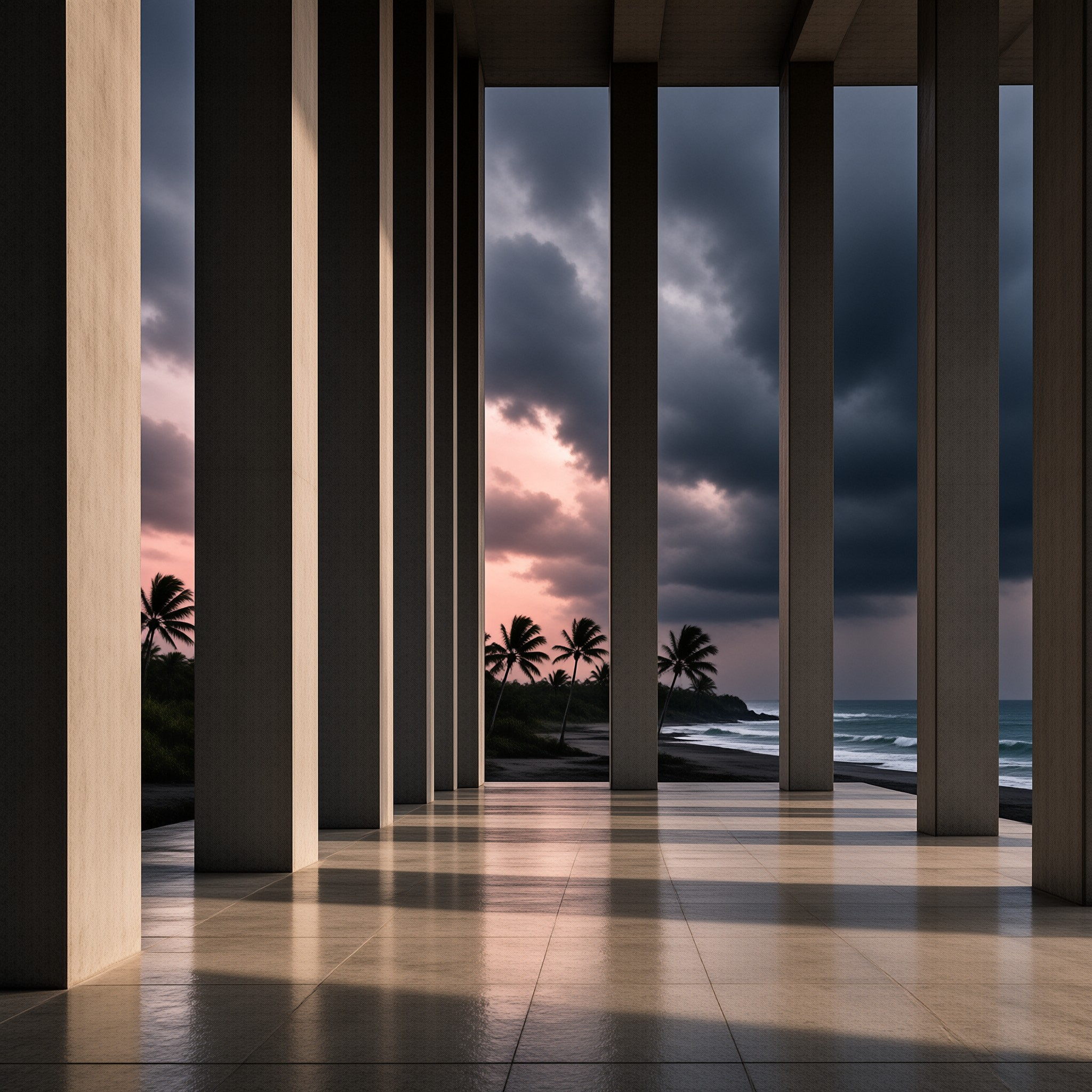 Concrete columns frame a dramatic sky where pink sunset light breaks through dark clouds above the ocean and palm trees.