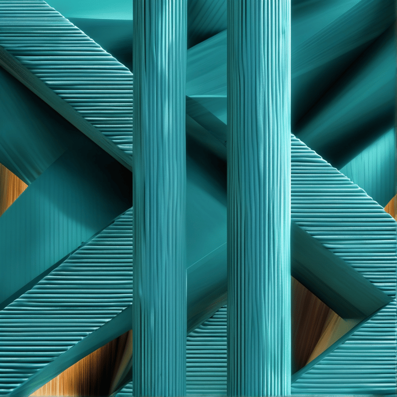 Vertical ribbed teal columns stand before angled geometric planes with subtle warm accents.