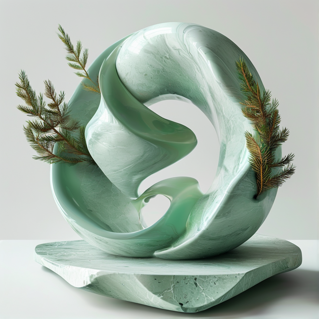 A mint green twisted stone sculpture features pine sprigs and rests on a matching base within a bright studio space.