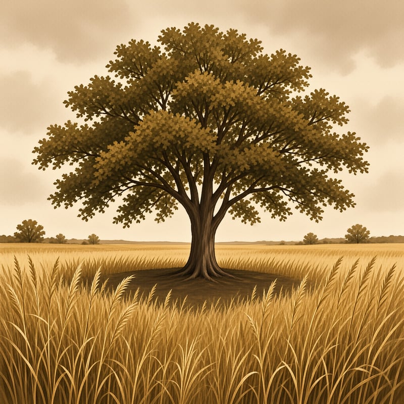 A large oak tree stands alone in a golden wheat field with distant trees under a cloudy sky.