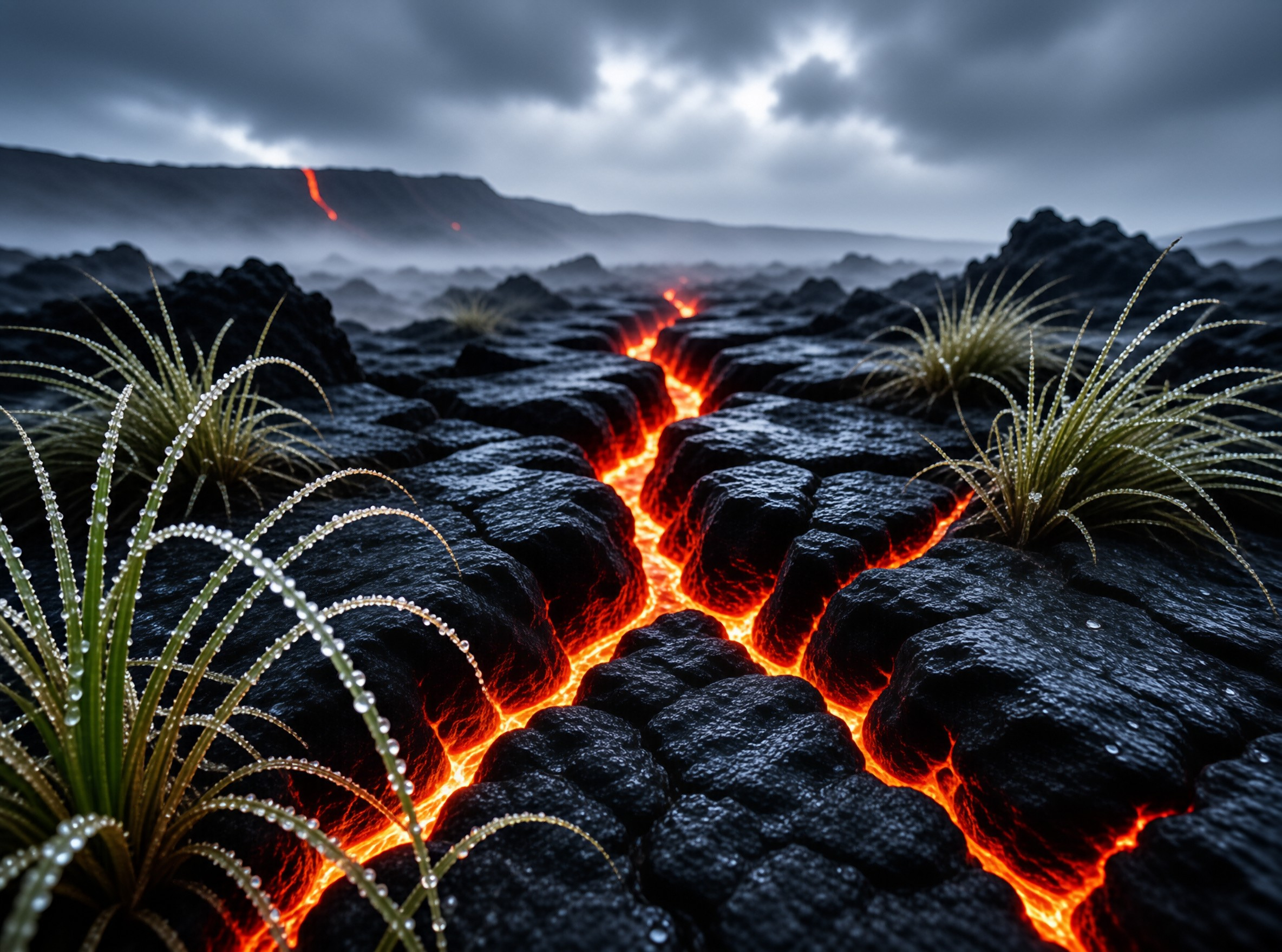 Bright orange lava flows between dark rough volcanic rocks while dewy grass grows nearby under a cloudy sky.
