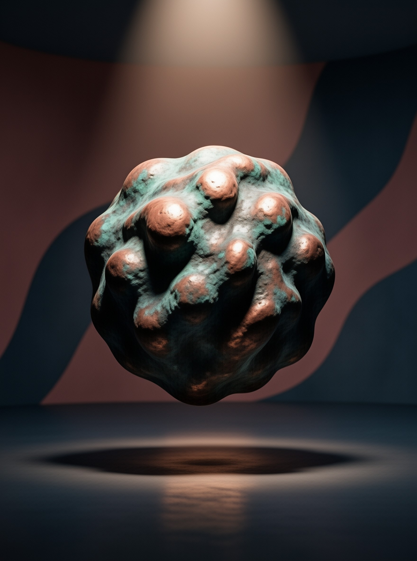 A textured object with bronze and green tones floats above a dark reflective surface under warm lighting.