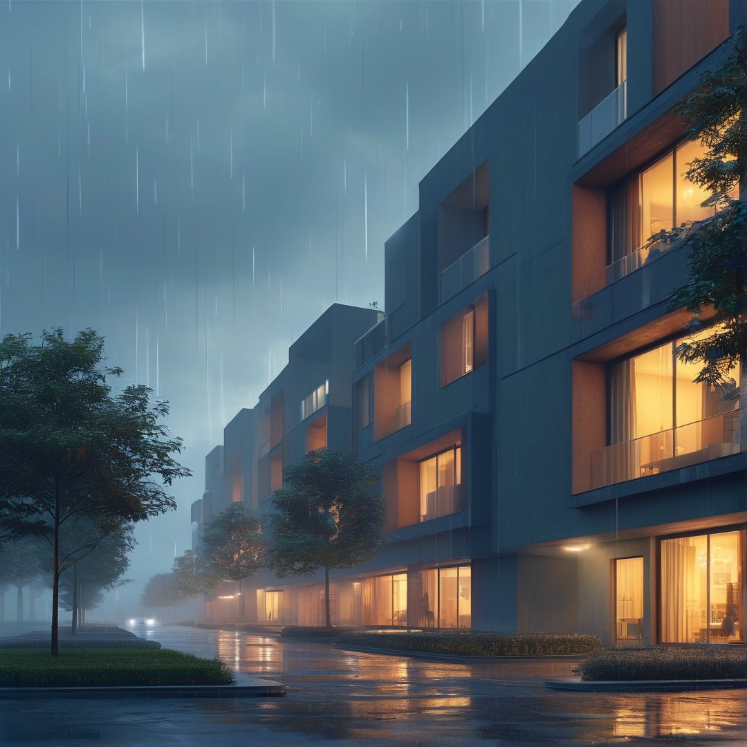 Townhouses line a wet street during a rainy evening, with warm light spilling from windows to reflect on the dark pavement.
