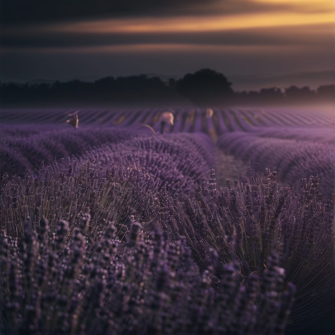 Purple lavender rows extend through a misty field beneath a sky illuminated by sunset light.
