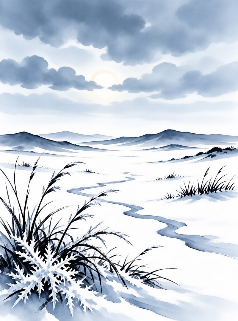 Watercolor landscape showing a winding stream through a snowy plain with rolling hills and a pale sun in the clouds.