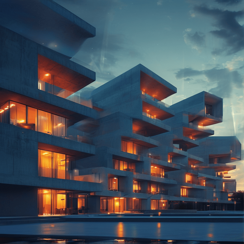 Stacked concrete slabs with glowing amber windows hover above still water that mirrors the blocky evening facade.
