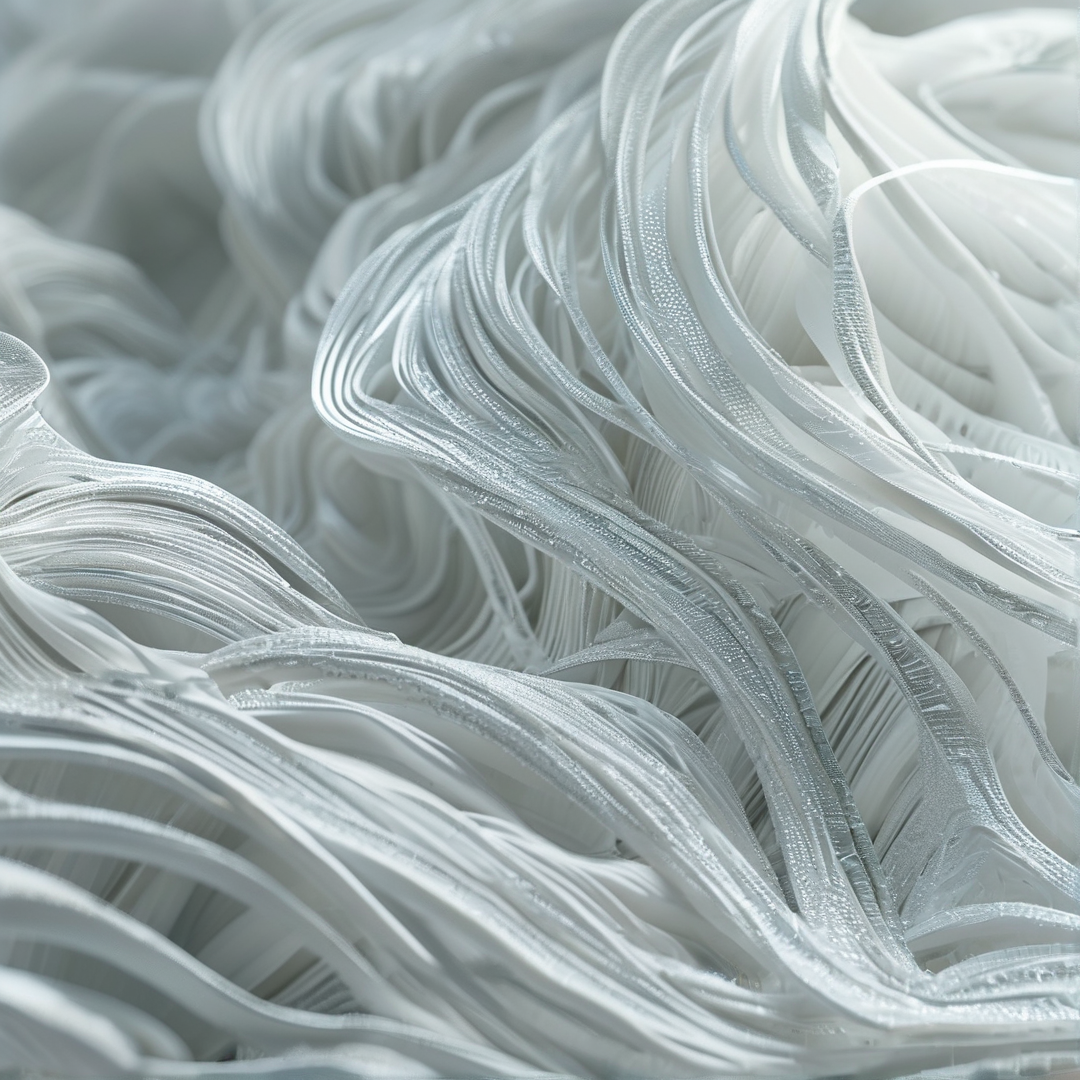 Closeup view of twisted pale silvery metallic fibres arranged in flowing rippling patterns with subtle light highlights across their textured surfaces.