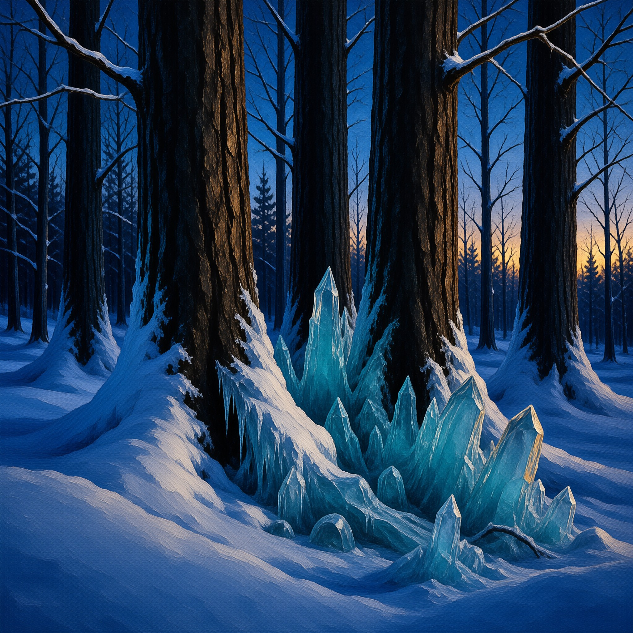 Translucent ice spikes emerging from deep snow beside massive tree trunks in a winter forest bathed in cool blue twilight.