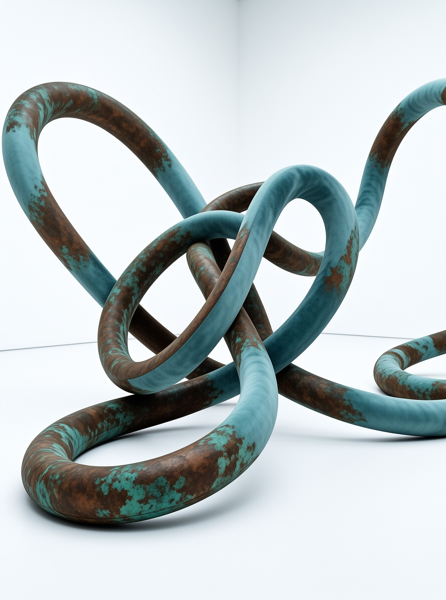 A complex twisted metal form with green patina rests inside a stark minimalist white corner.