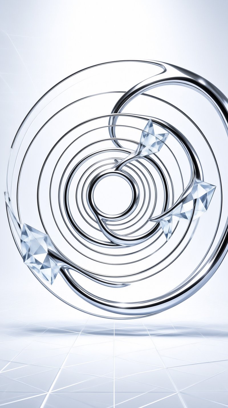 Concentric polished rings nest inside a larger steel loop while faceted glass spikes pierce the curve on pale ground