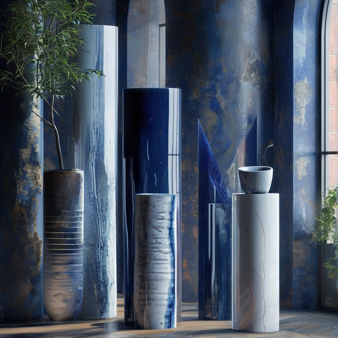 Several glossy cylindrical pillars with blue stone patterns are arranged indoors near a bright window and a potted plant.