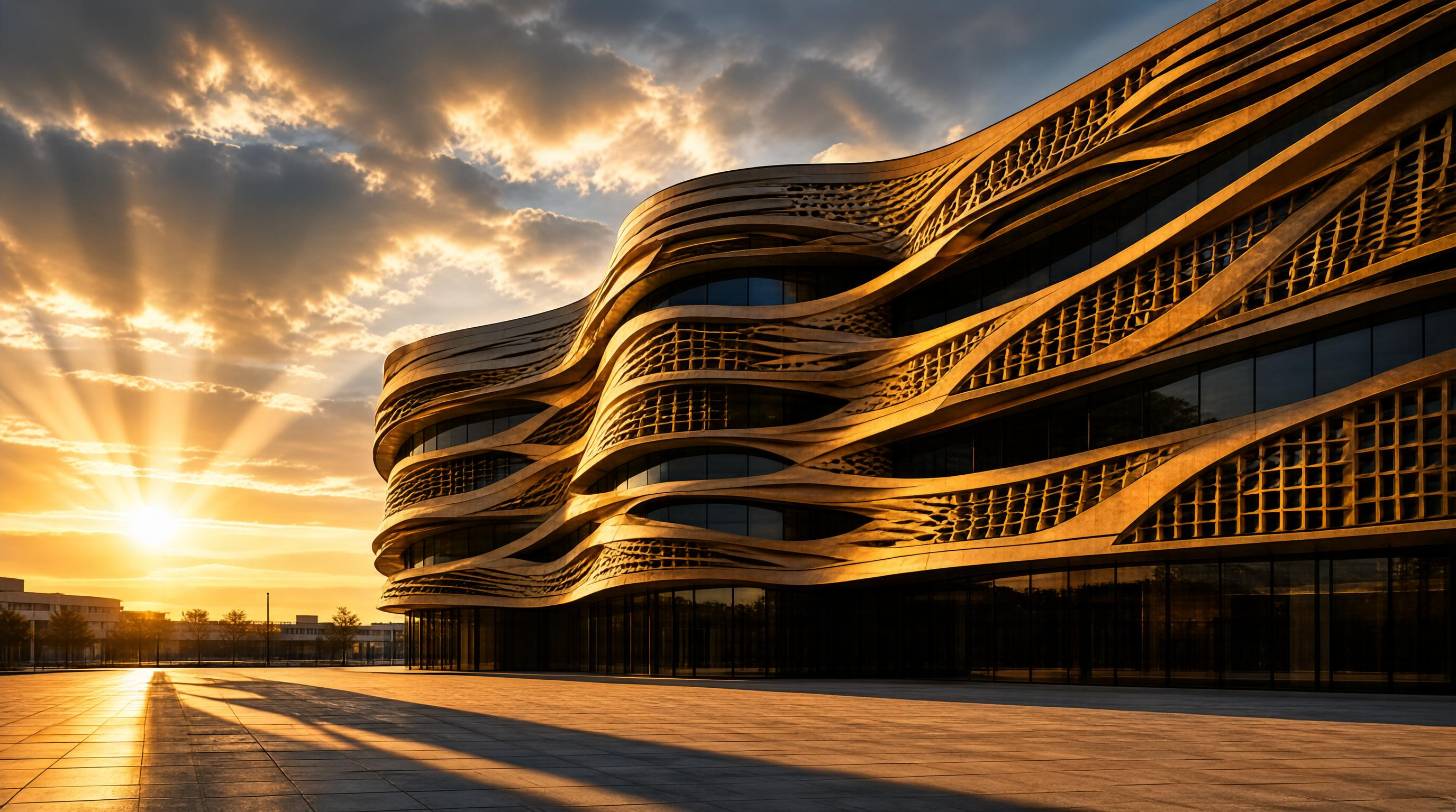 Modern Wave-like Building at Sunset