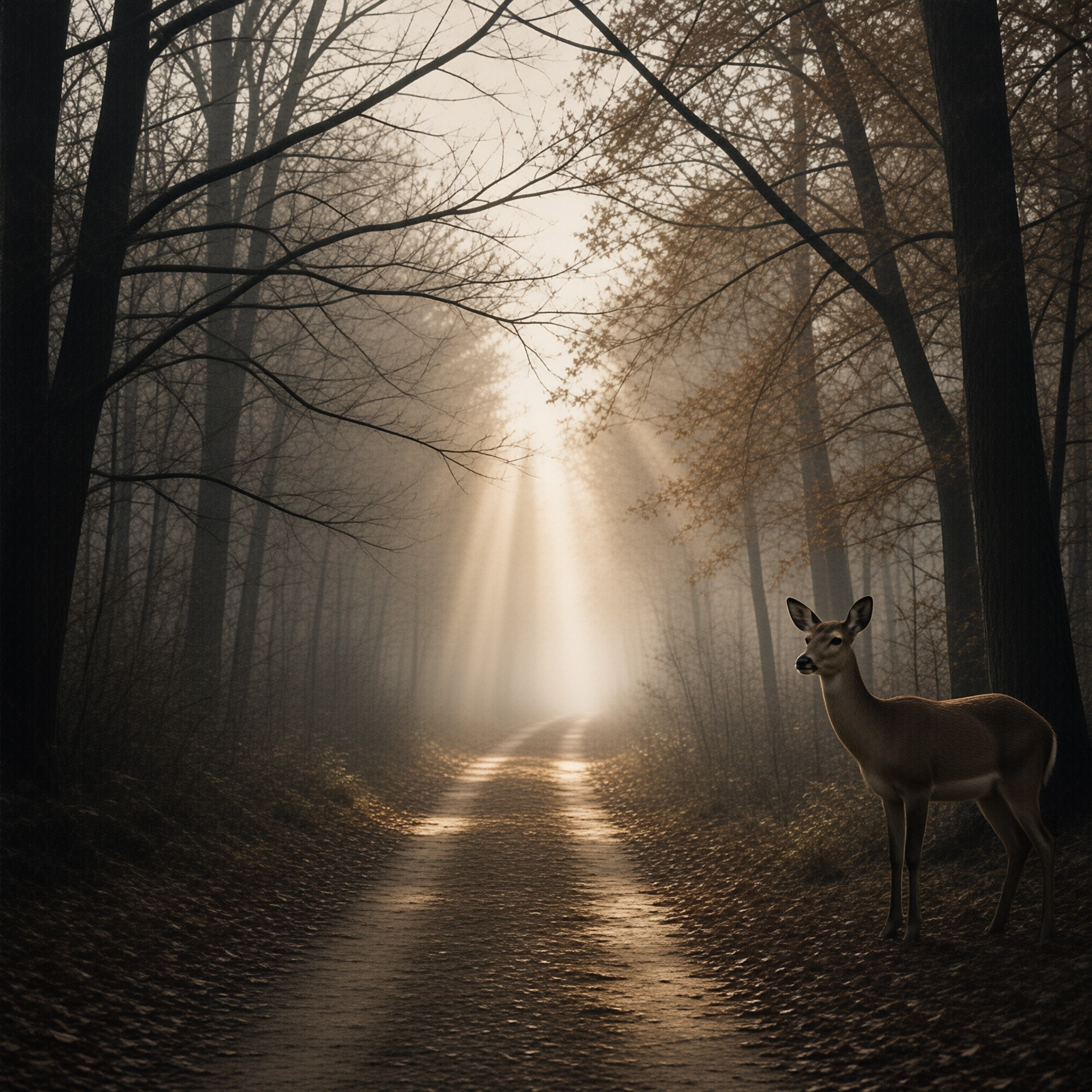 A deer stands on a foggy forest path as bright sunbeams shine down through the trees onto the winding dirt road ahead.